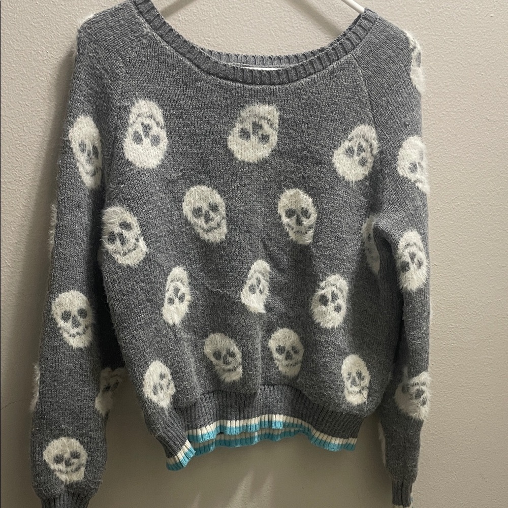 No Boundaries Gray fluffy  Skull Sweater